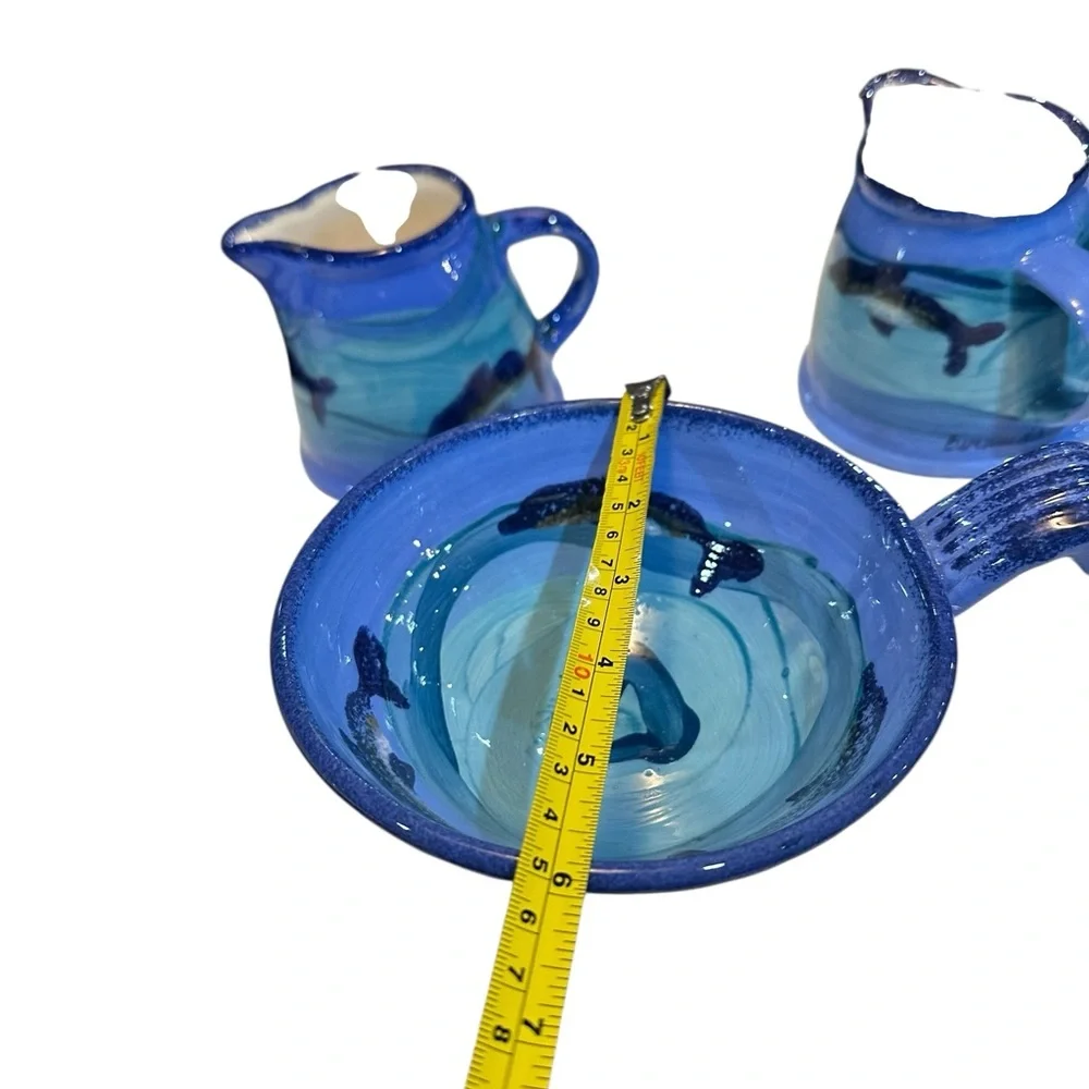 Handmade Blue Whale Pottery‎ Creamer Pitchers & Bowl Set Signed